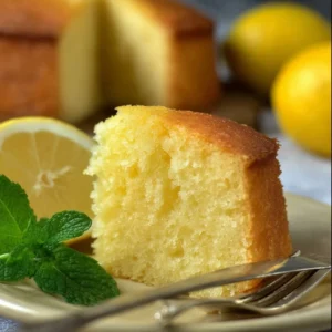 Slice of 1920s Ritz Carlton lemon pound cake on a plate with lemon slices