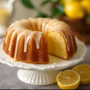 Delicious lemon cake topped with a lemon glaze and fresh lemon slices
