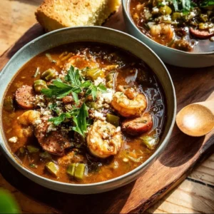 Delicious bowl of authentic New Orleans gumbo with seafood and spices