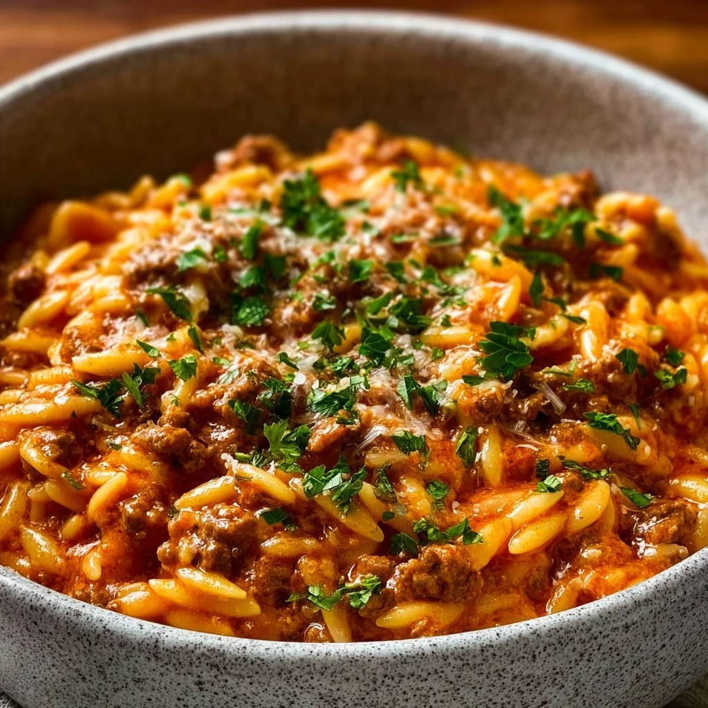 Beef Orzo with Tomato Cream Sauce