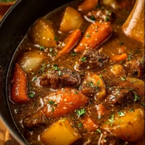 Delicious homemade beef stew served in a rustic bowl with fresh vegetables.
