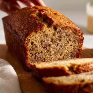 Loaf of freshly baked banana bread with ripe bananas
