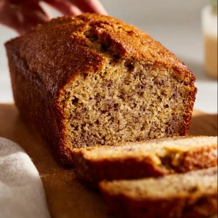 Loaf of freshly baked banana bread with ripe bananas