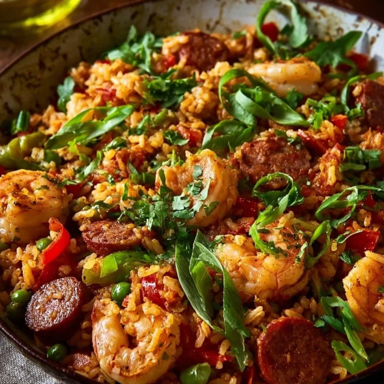 A vibrant bowl of Cajun Jambalaya with shrimp, sausage, and colorful vegetables.