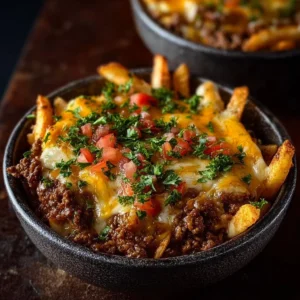 Delicious Cheeseburger Casserole topped with crispy French fries