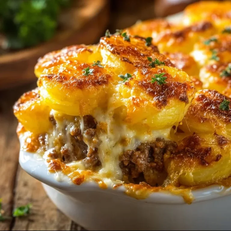 Cheesy Hamburger Potato Casserole in a baking dish.