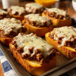 Cheesy Sloppy Joe Toasts topped with melted cheese and savory ground beef on toasted bread.