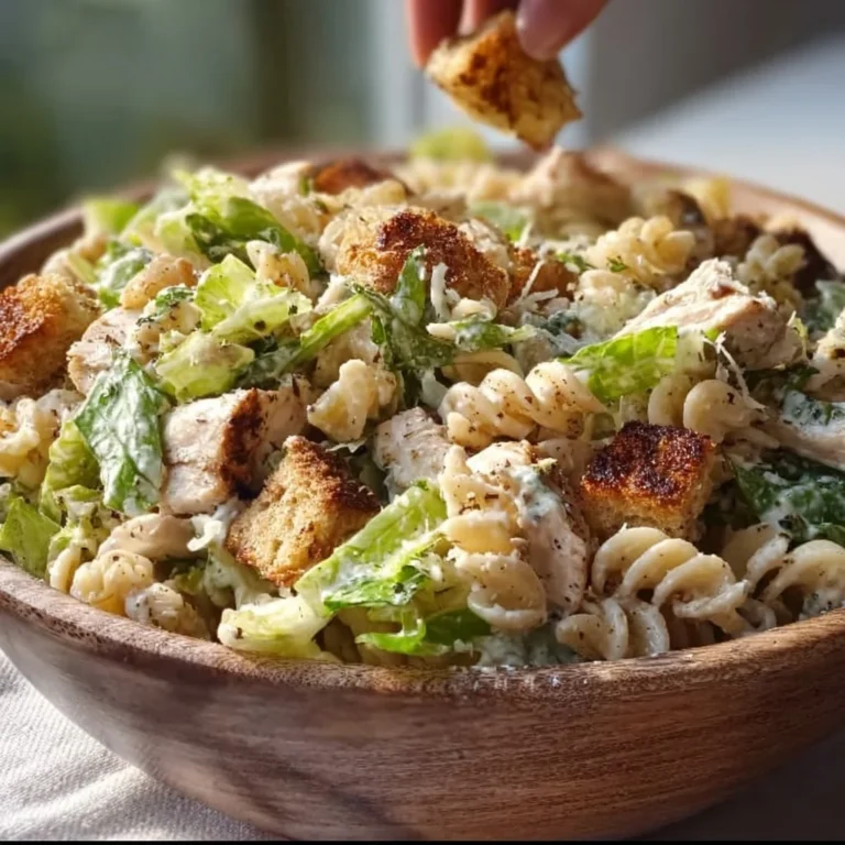 Delicious Chicken Caesar Pasta Salad with crispy romaine and grilled chicken