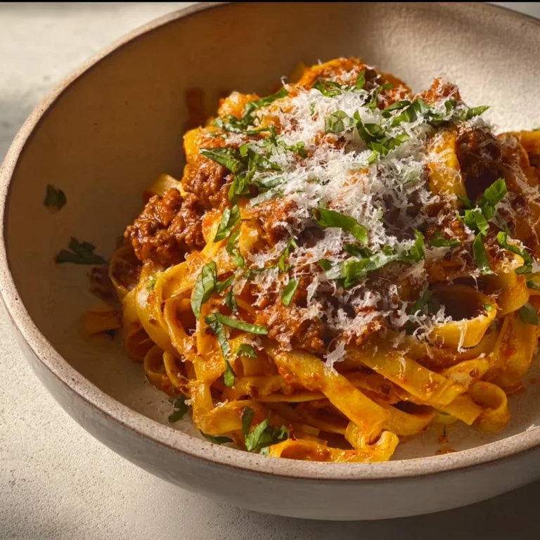 Creamy Fettuccine Bolognese dish with sauce and fresh herbs