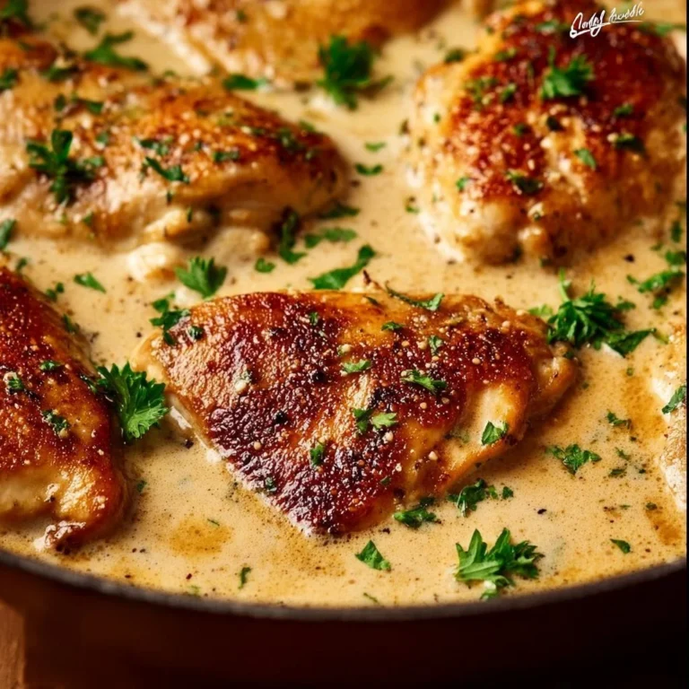 Creamy garlic parmesan chicken served on a plate with herbs and garnishes.