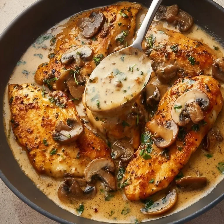 Creamy mushroom chicken dish garnished with herbs