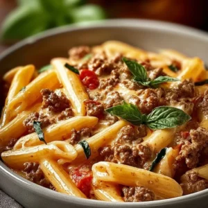 Creamy Rotel pasta dish with ground beef and cheese