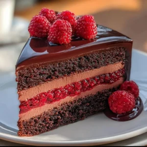 Dark Chocolate Raspberry Mousse Cake topped with fresh raspberries and chocolate shavings
