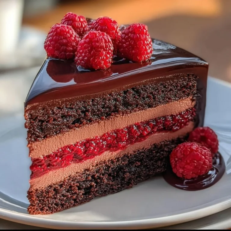 Dark Chocolate Raspberry Mousse Cake topped with fresh raspberries and chocolate shavings