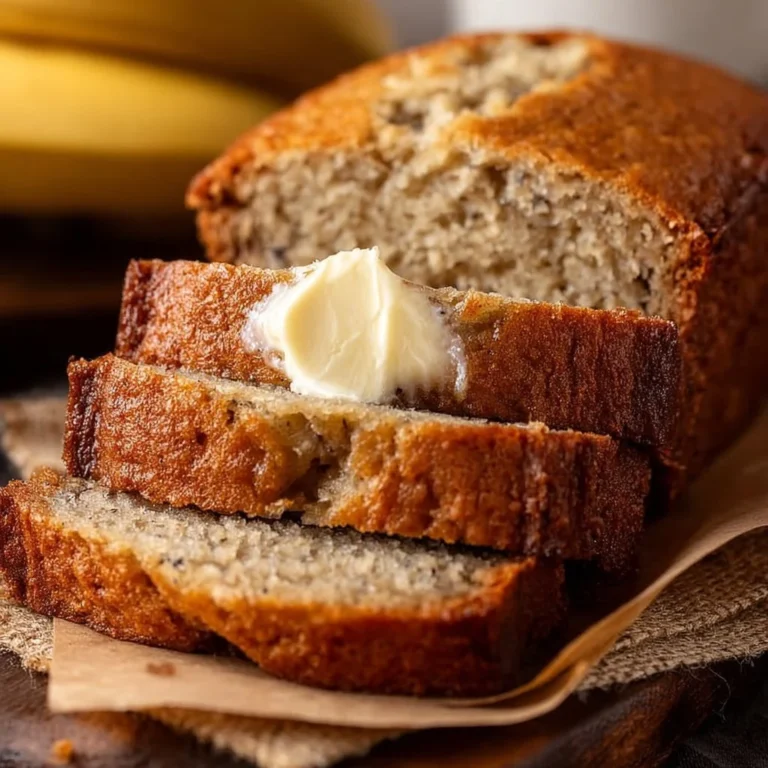 Freshly baked easy banana bread loaf with sliced pieces on a wooden board