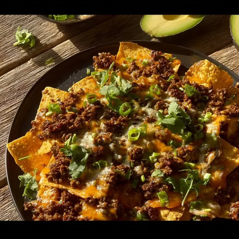 Plate of easy cheesy beef nachos topped with jalapeños and sour cream