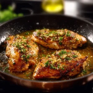 Delicious easy garlic butter chicken served with herbs and vegetables
