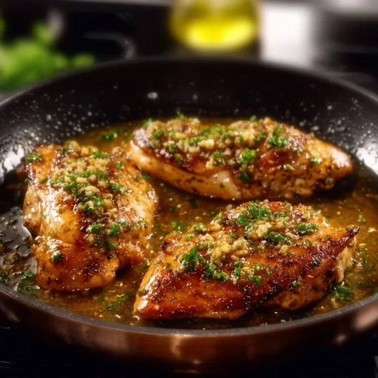 Delicious easy garlic butter chicken served with herbs and vegetables