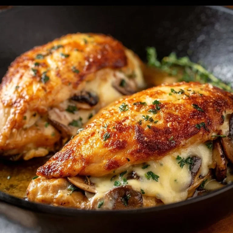 Flavorful mushroom stuffed chicken breast served with herbs and spices