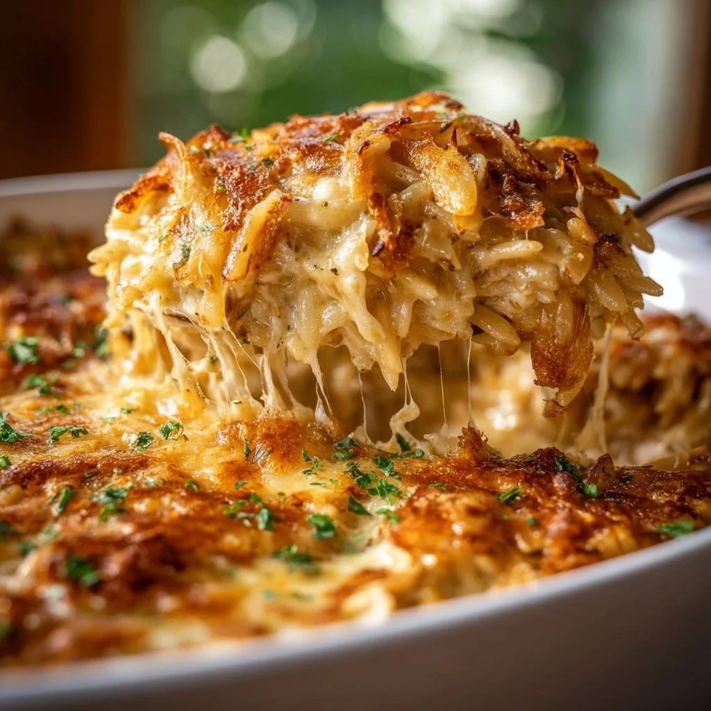 French Onion Chicken Orzo Casserole