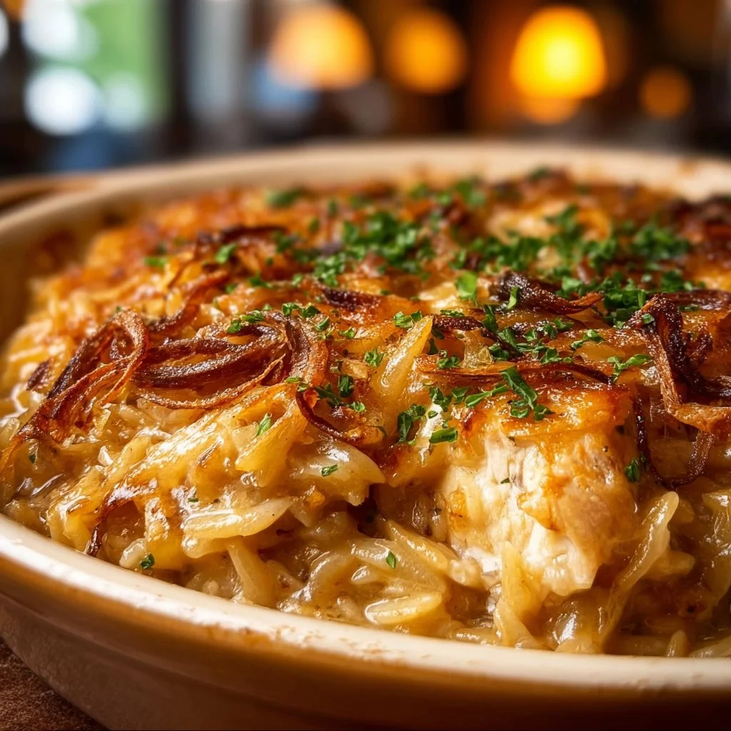 French Onion Chicken Orzo Casserole