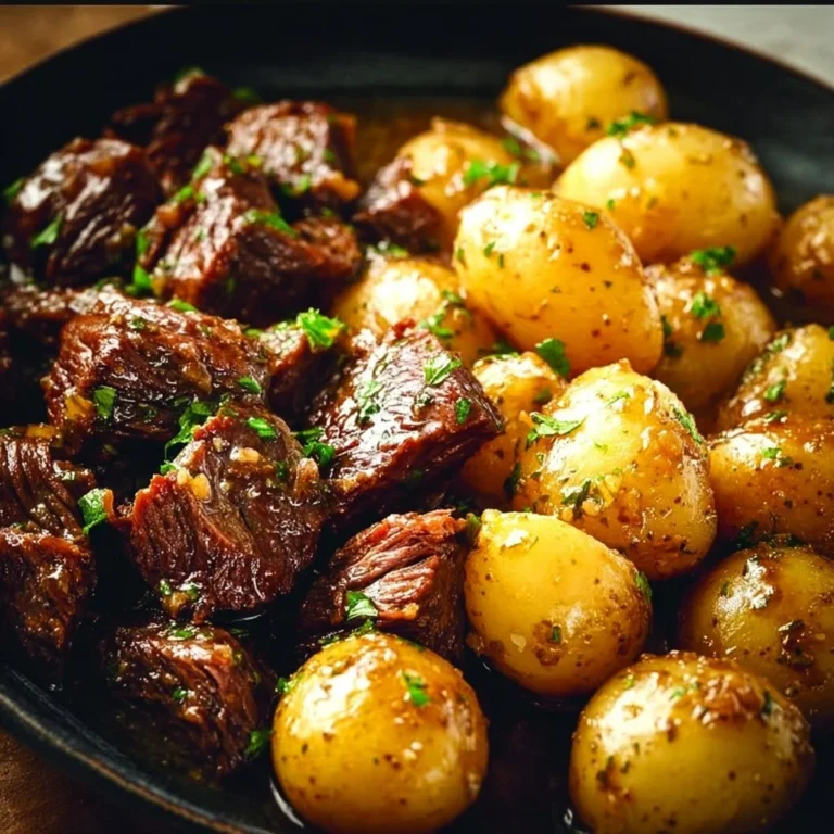 Delicious Garlic Butter Beef Bites served with potatoes on a plate.
