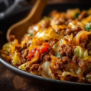 Ground Beef and Cabbage Skillet dish served in a pan with fresh ingredients.