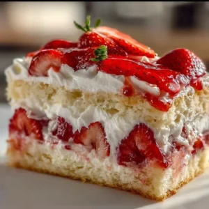 Heaven on Earth Cake topped with whipped cream and fruit, a delicious dessert treat