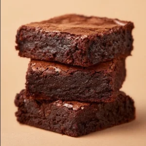 Delicious homemade brownies on a plate with chocolate drizzle.