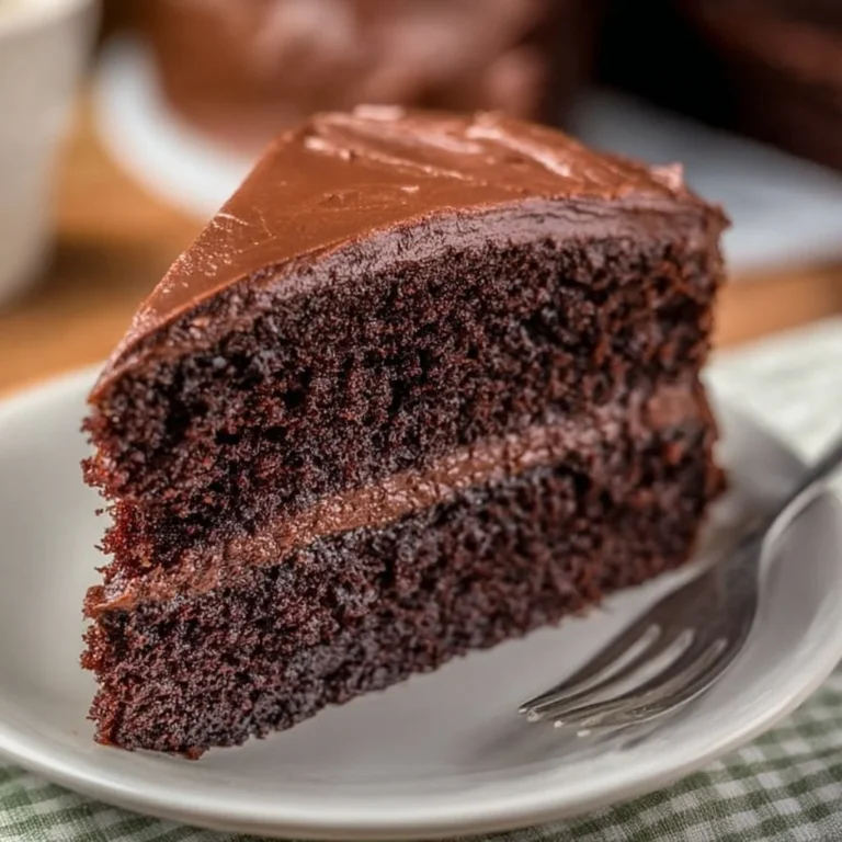 Delicious homemade chocolate cake topped with rich chocolate frosting.