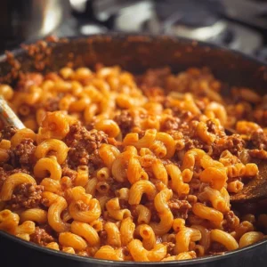 Plate of homemade hamburger helper with pasta and meat in creamy sauce
