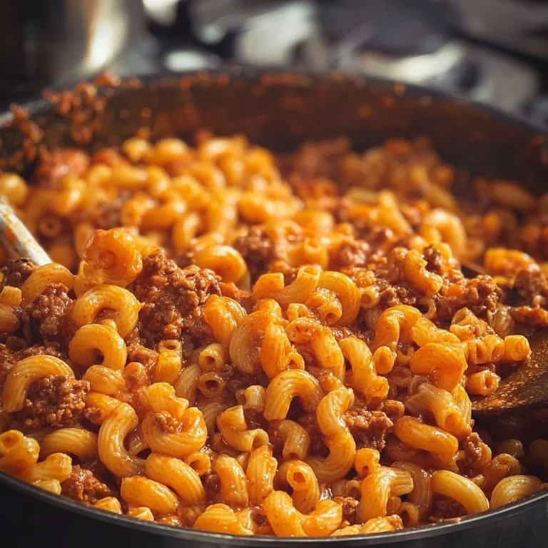 Plate of homemade hamburger helper with pasta and meat in creamy sauce