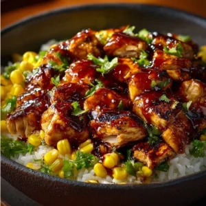Delicious Honey BBQ Chicken Rice Bowl with tender chicken and rice