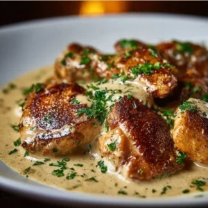 Irish Chicken in Whiskey Cream Sauce served on a white plate, garnished with herbs.