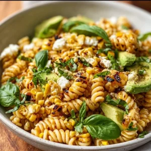 Juicy street corn pasta salad with fresh ingredients and zesty dressing