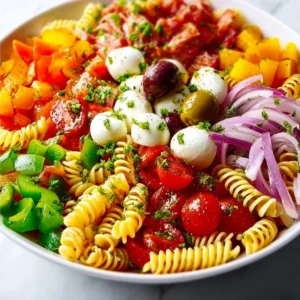 A bowl of legendary pasta salad with fresh vegetables and dressing