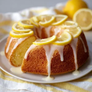 Slice of lemon bundt cake topped with icing on a white plate
