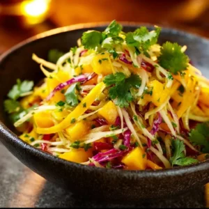 Colorful mango slaw with fresh ingredients in a bowl