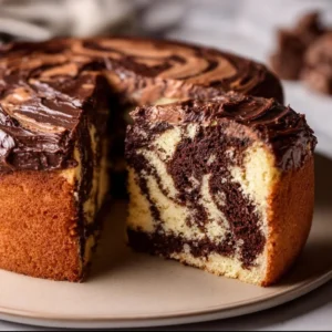 Delicious marble cake with chocolate and vanilla swirls on a plate