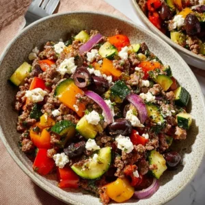 Mediterranean ground beef stir-fry served with vegetables in a skillet