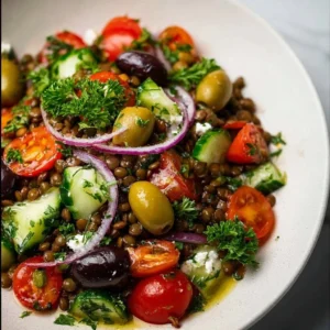 A vibrant Mediterranean Lentil Salad with fresh vegetables and herbs.