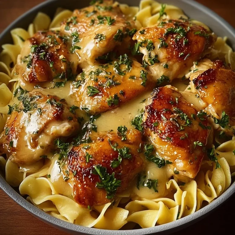 One-pan chicken with buttered noodles served in a bowl, garnished with herbs.