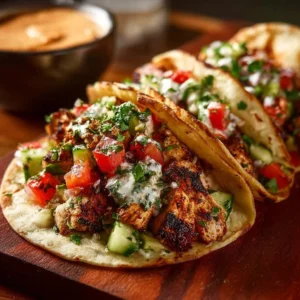 Plate of quick Mediterranean chicken tacos topped with fresh vegetables and sauce