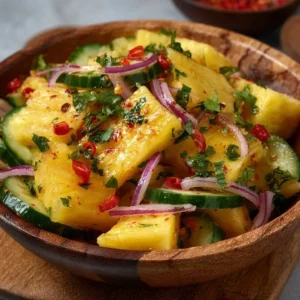 A colorful bowl of refreshing pineapple salad with fresh fruits and herbs