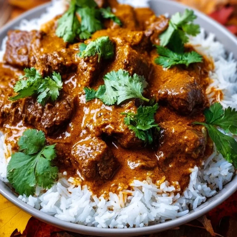 Slow Cooker Beef Coconut Curry in a bowl, garnished with fresh herbs