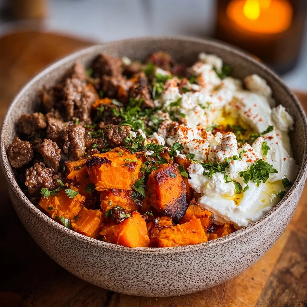 Sweet Potato Beef Bowl with Hot Honey and Cottage Cheese