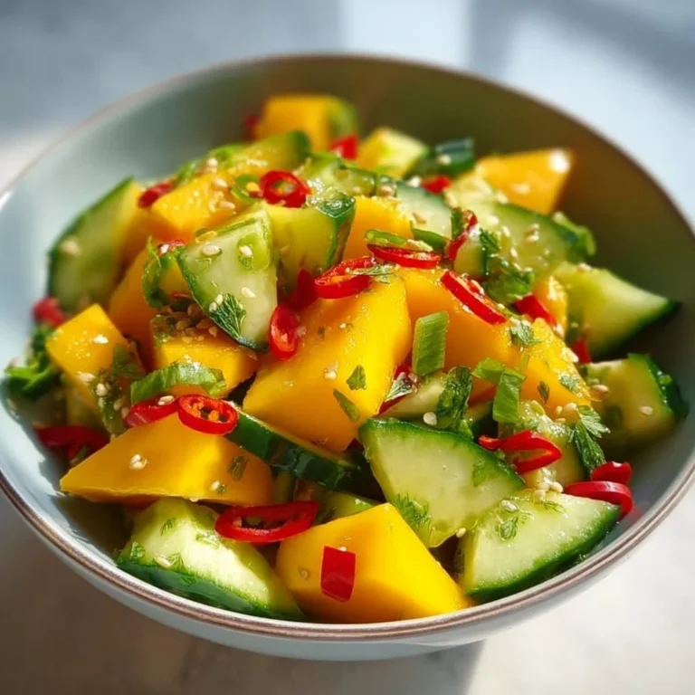 A bowl of Thai Mango Cucumber Salad with fresh mango and cucumber slices