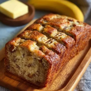 Delicious slice of homemade banana bread on a wooden table