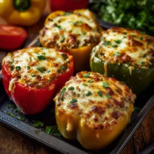 Colorful vegetarian stuffed bell peppers filled with rice and vegetables.